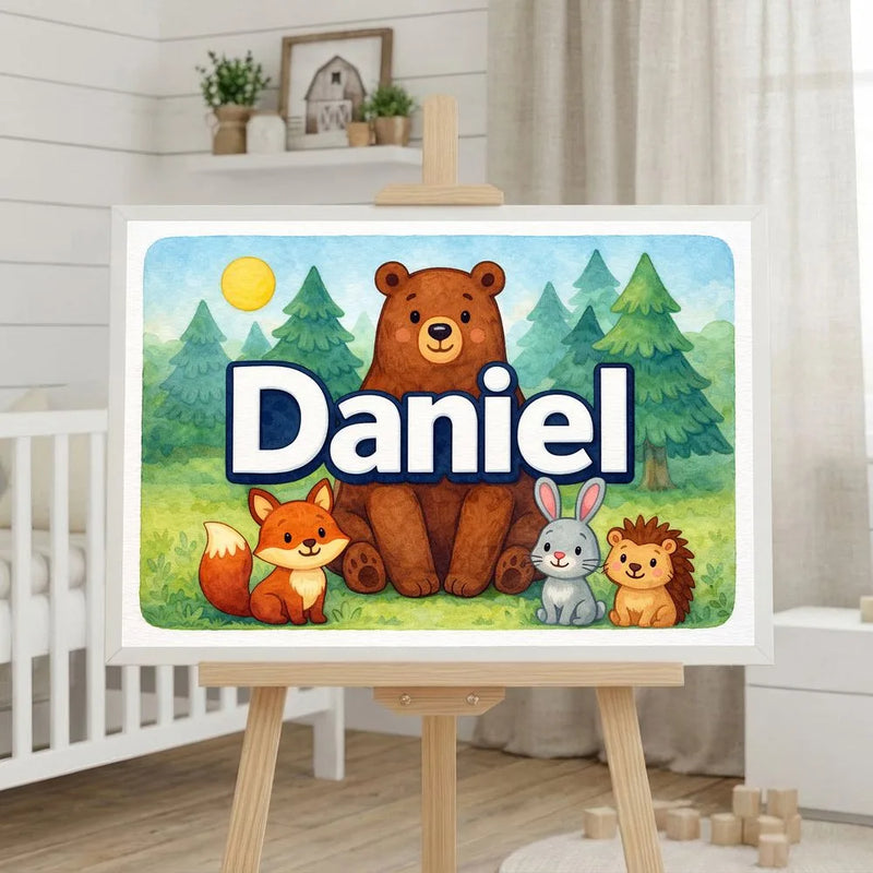 Daniel Name Art - Forest Friends personalized wall print for kids