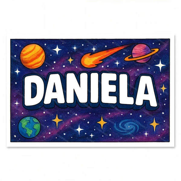 Space explorers themed name art featuring Daniela