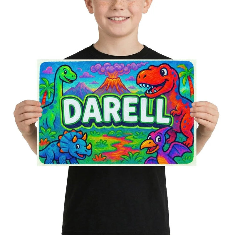 Darell Name Art - Dinosaur Adventure personalized wall print for kids
