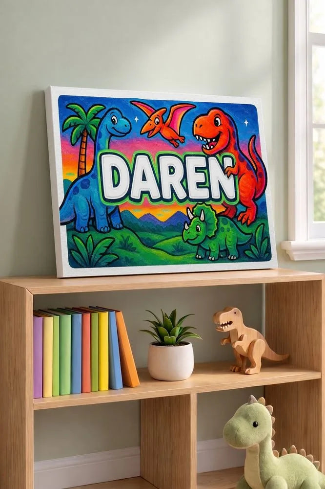 Daren Name Art - Dinosaur Adventure personalized wall print for kids