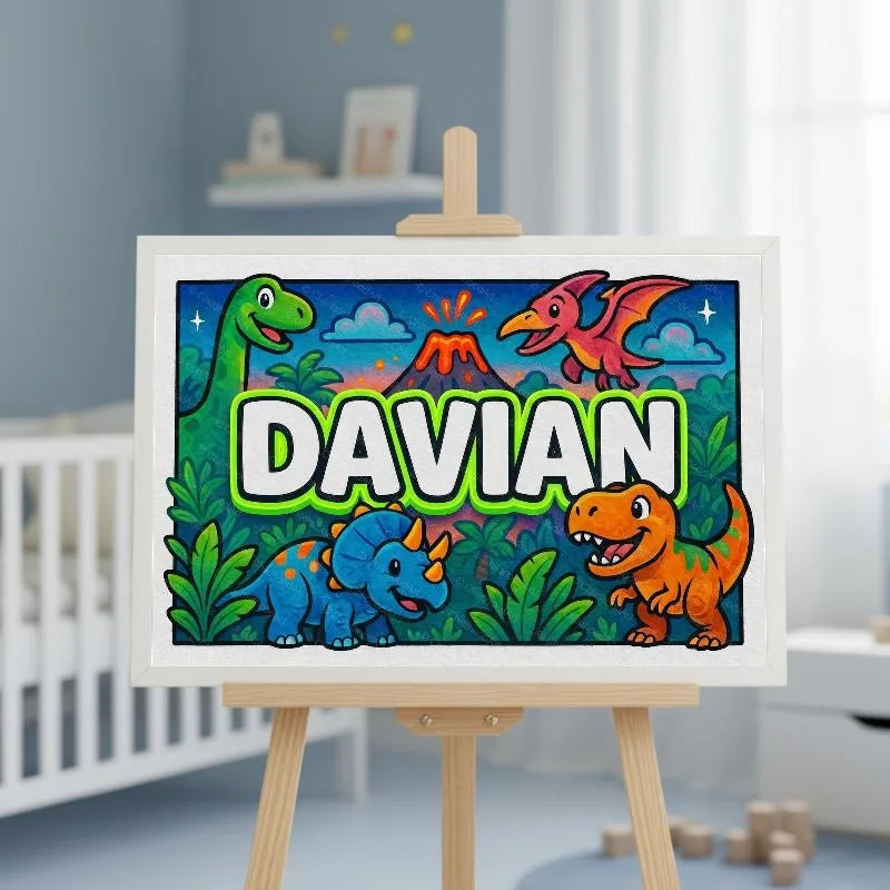 Davian Name Art - Dinosaur Adventure personalized wall print for kids