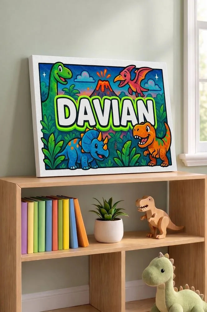 Davian Name Art - Dinosaur Adventure personalized wall print for kids