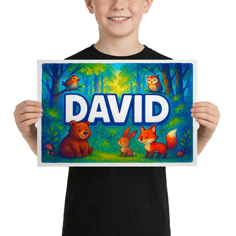 David Name Art - Forest Friends personalized wall print for kids
