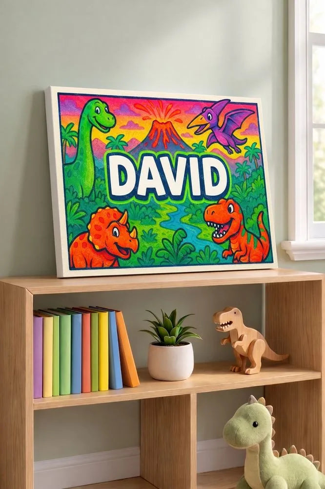 David Name Art - Dinosaur Adventure personalized wall print for kids