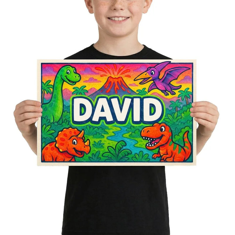 David Name Art - Dinosaur Adventure personalized wall print for kids