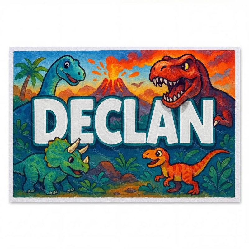 Declan Name Art - Dinosaur Adventure personalized wall print for kids