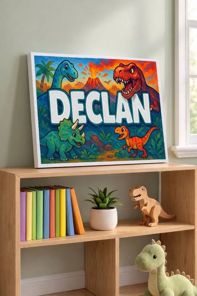 Declan Name Art - Dinosaur Adventure personalized wall print for kids