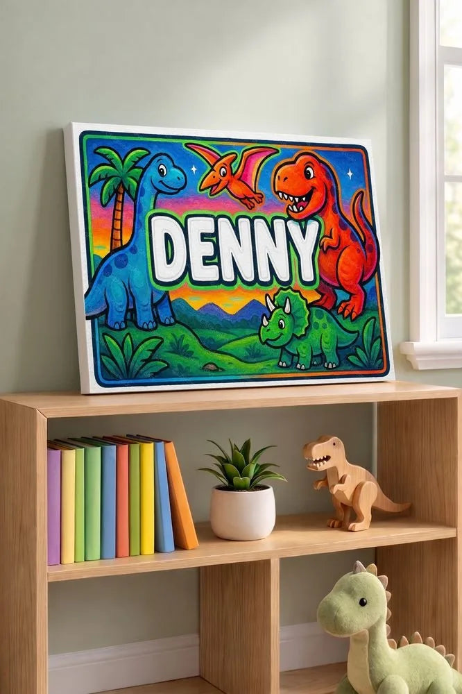 Denny Name Art - Dinosaur Adventure personalized wall print for kids