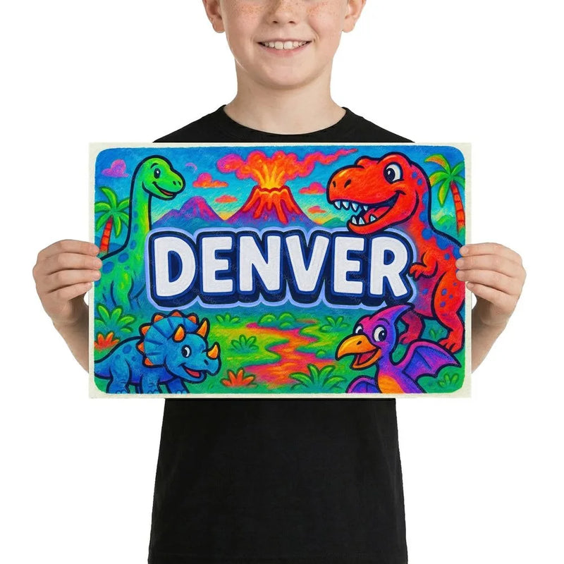 Denver Name Art - Dinosaur Adventure personalized wall print for kids