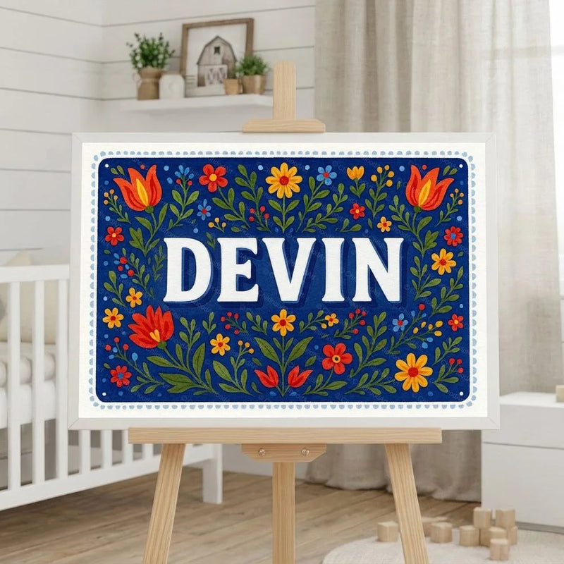 Devin Name Art - Floral Farmhouse personalized wall print for kids