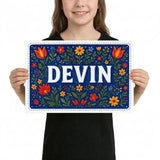 Devin Name Art - Floral Farmhouse personalized wall print for kids
