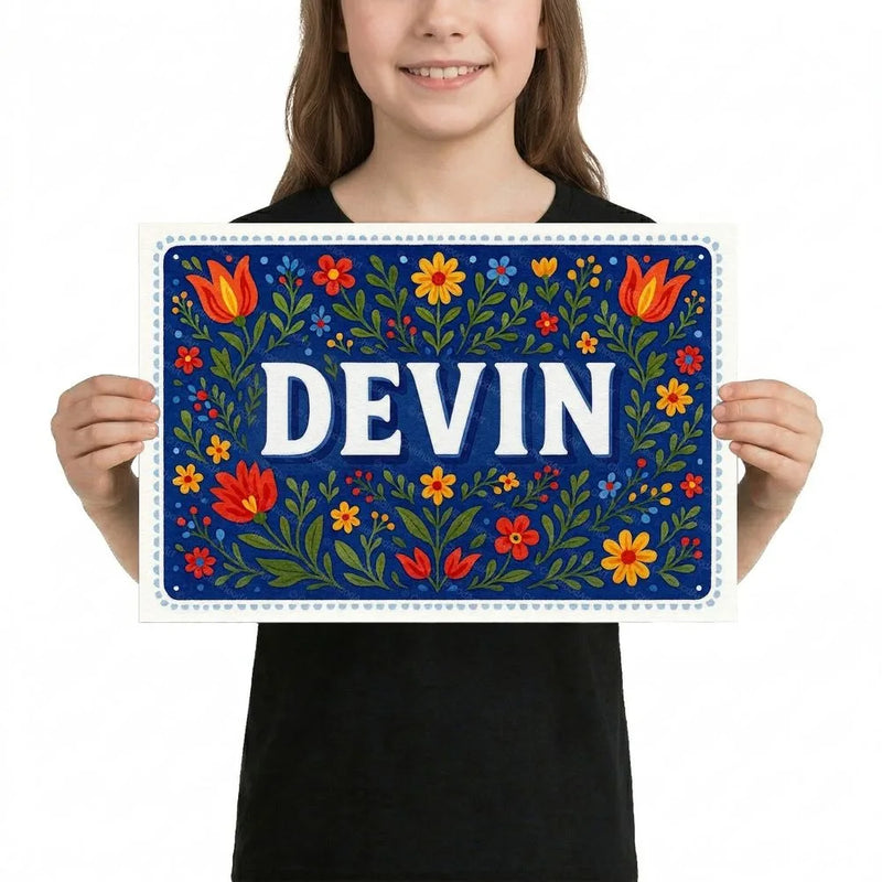 Devin Name Art - Floral Farmhouse personalized wall print for kids