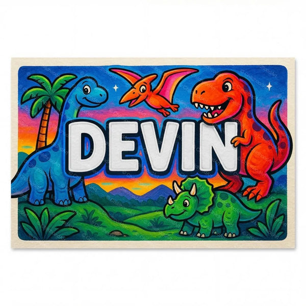 Personalized Devin name art print in the Dinosaur adventure style