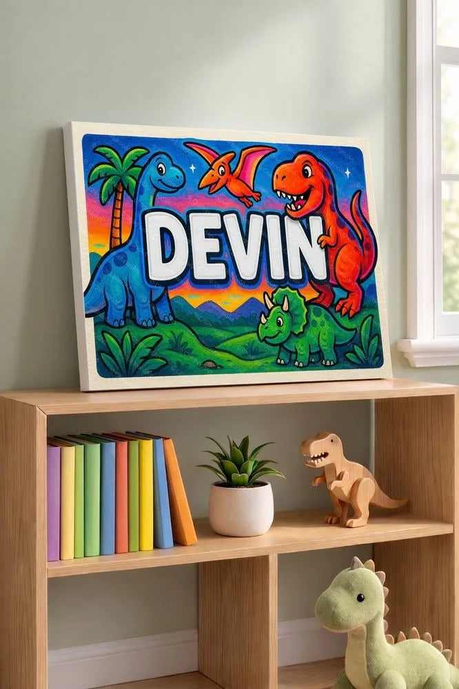 Devin Name Art - Dinosaur Adventure personalized wall print for kids