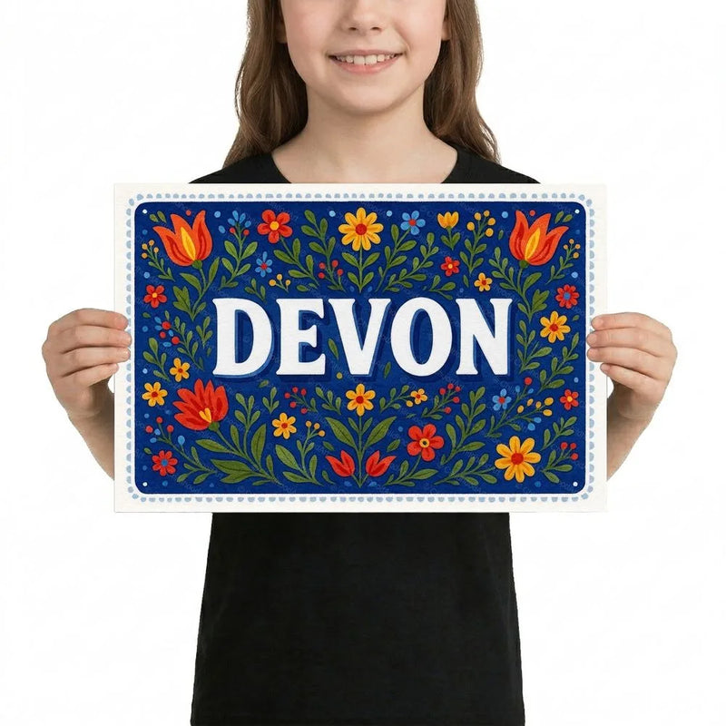 Devon Name Art - Floral Farmhouse personalized wall print for kids