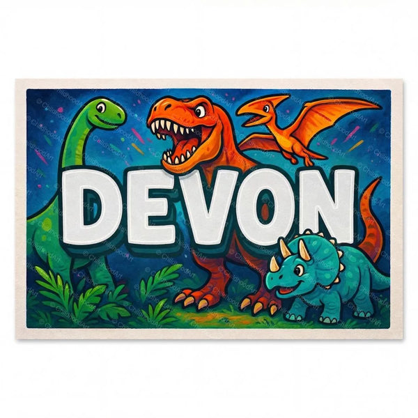 Personalized Devon name art print in the Dinosaur adventure style