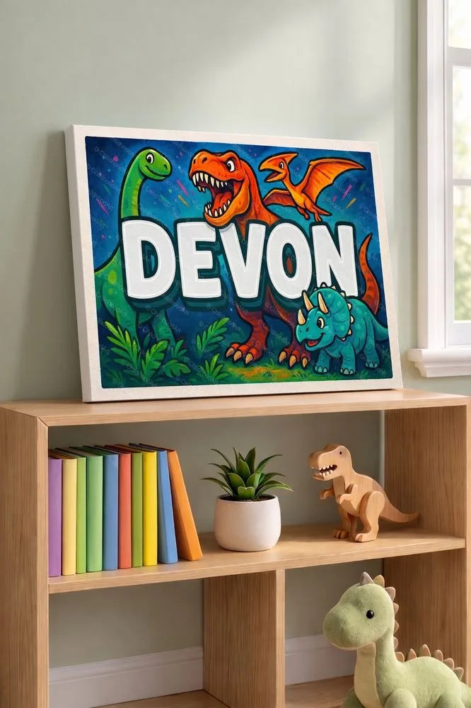 Devon Name Art - Dinosaur Adventure personalized wall print for kids
