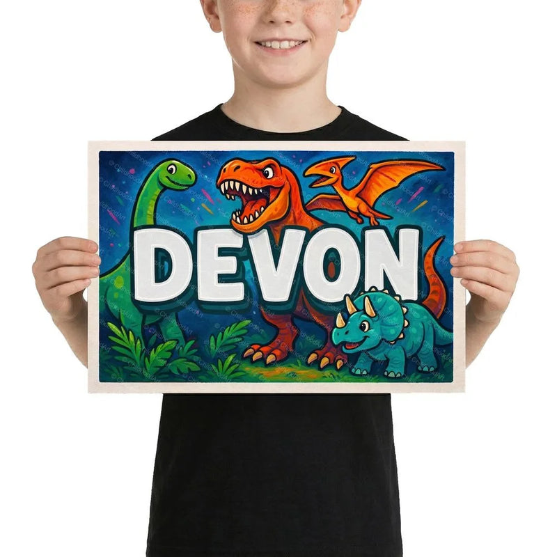 Devon Name Art - Dinosaur Adventure personalized wall print for kids
