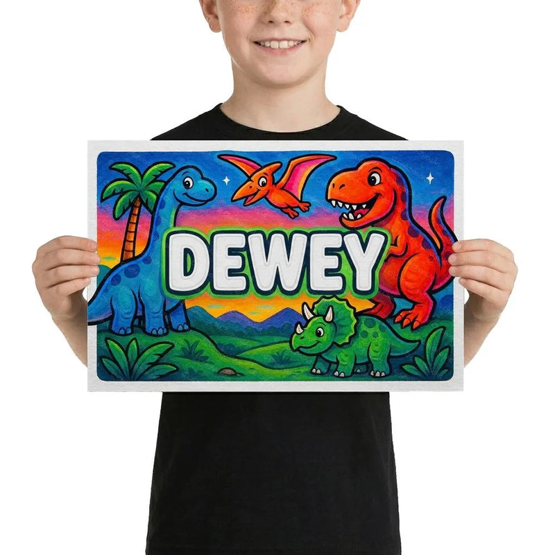 Dewey Name Art - Dinosaur Adventure personalized wall print for kids