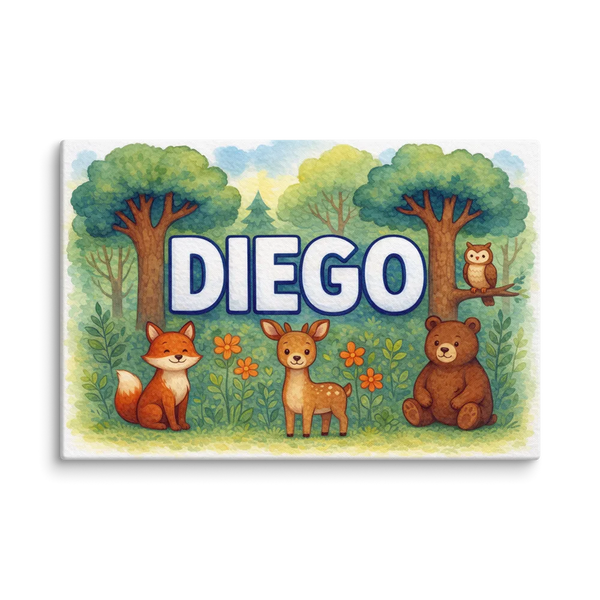 Forest friends themed name art featuring Diego