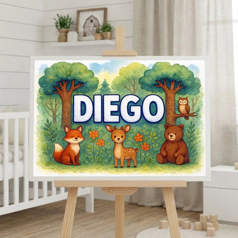 Diego Name Art - Forest Friends personalized wall print for kids