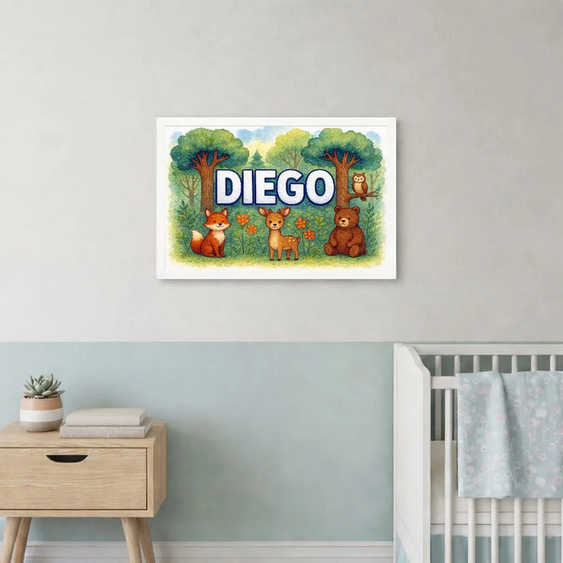 Diego Name Art - Forest Friends personalized wall print for kids