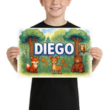 Diego Name Art - Forest Friends personalized wall print for kids