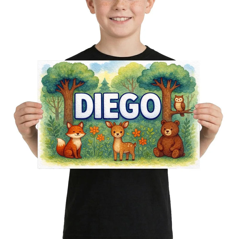 Diego Name Art - Forest Friends personalized wall print for kids