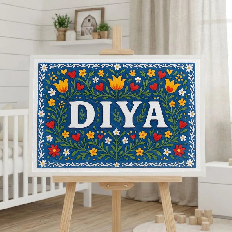 Diya Name Art - Floral Farmhouse personalized wall print for kids