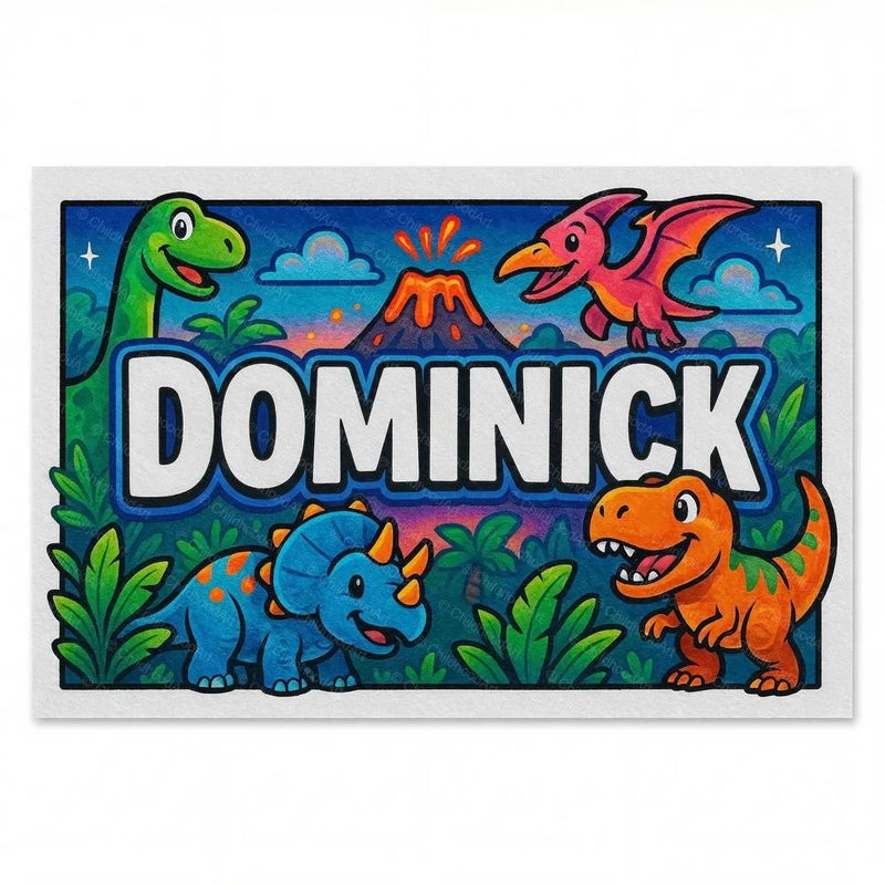 Dominick Name Art - Dinosaur Adventure personalized wall print for kids