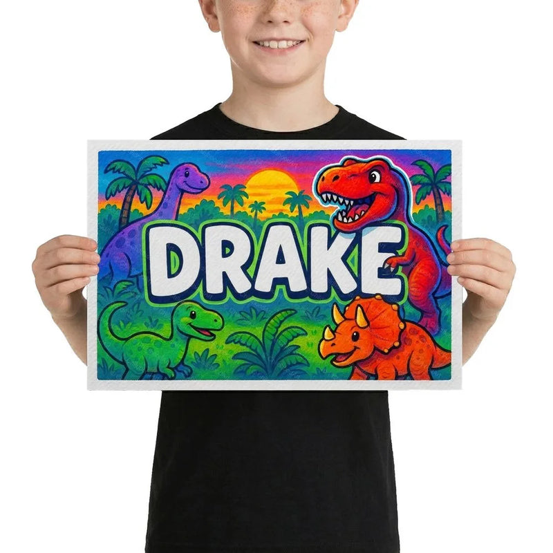 Drake Name Art - Dinosaur Adventure personalized wall print for kids