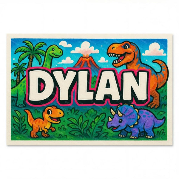 Dinosaur adventure themed name art featuring Dylan