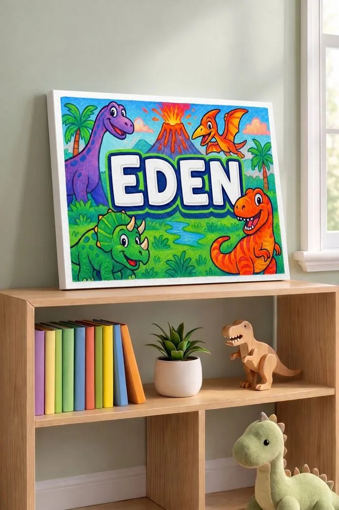Eden Name Art - Dinosaur Adventure personalized wall print for kids