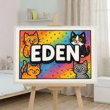 Eden Name Art - Colorful Cats personalized wall print for kids