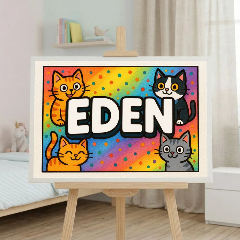 Eden Name Art - Colorful Cats personalized wall print for kids
