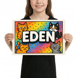 Eden Name Art - Colorful Cats personalized wall print for kids