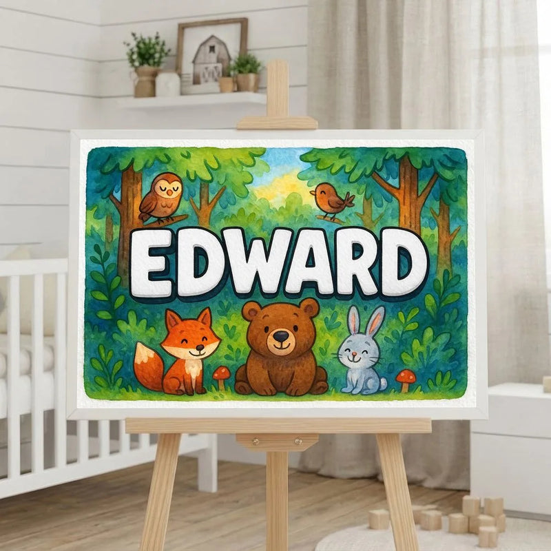 Edward Name Art - Forest Friends personalized wall print for kids
