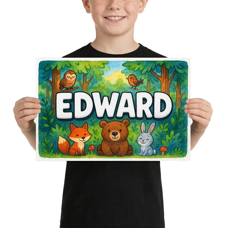 Edward Name Art - Forest Friends personalized wall print for kids