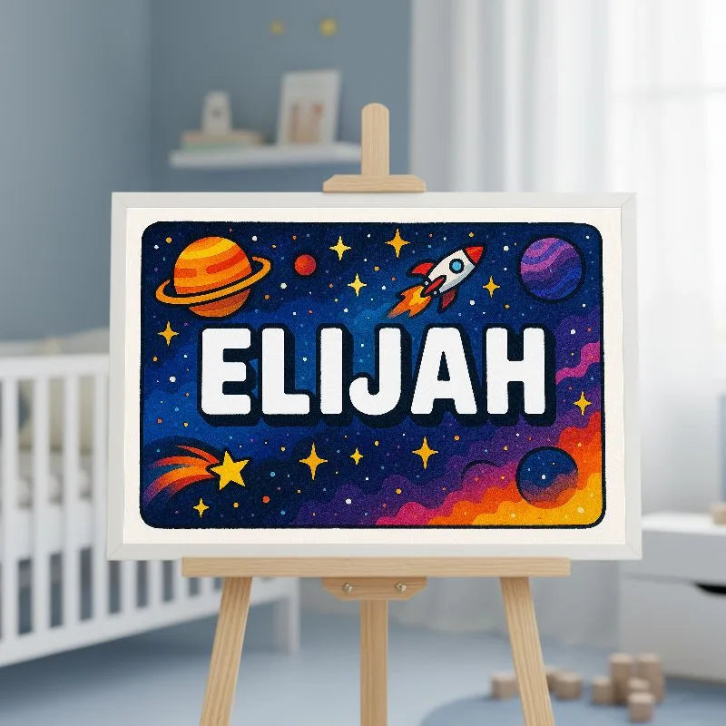 Elijah Name Art - Space Explorers personalized wall print for kids