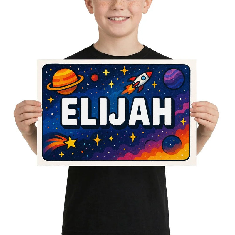 Elijah Name Art - Space Explorers personalized wall print for kids