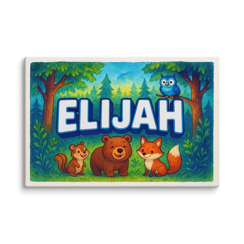Elijah Name Art - Forest Friends personalized wall print for kids