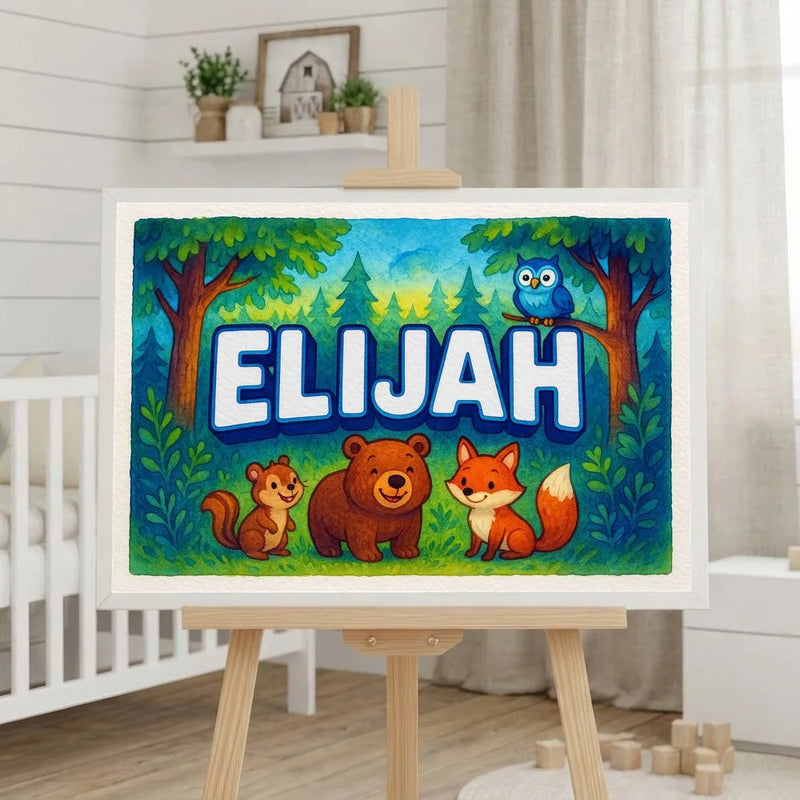 Elijah Name Art - Forest Friends personalized wall print for kids