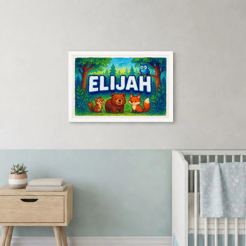 Elijah Name Art - Forest Friends personalized wall print for kids