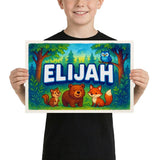 Elijah Name Art - Forest Friends personalized wall print for kids