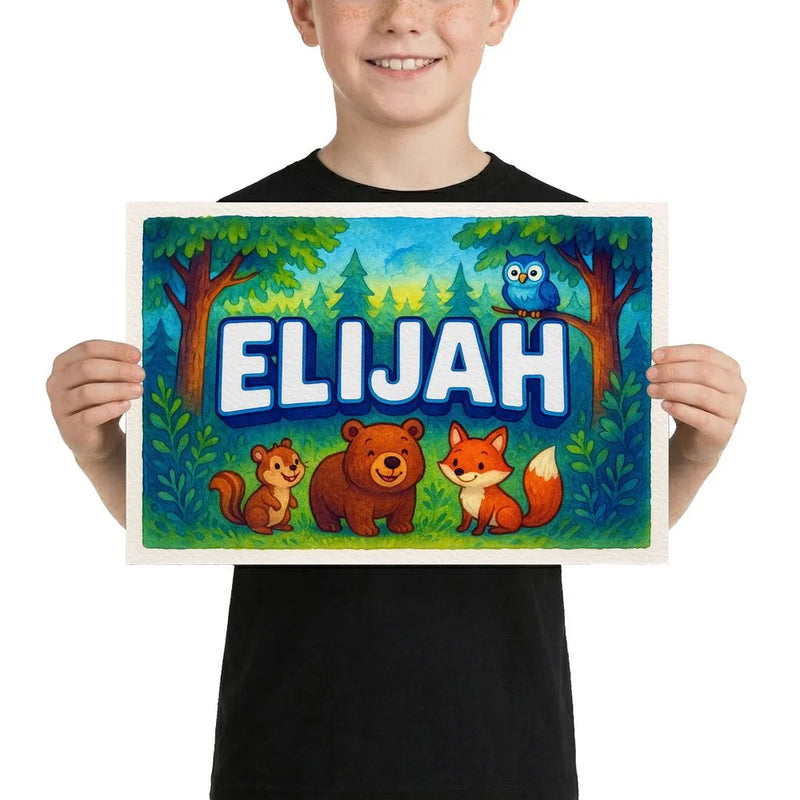 Elijah Name Art - Forest Friends personalized wall print for kids