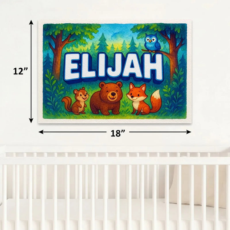 Elijah Name Art - Forest Friends personalized wall print for kids