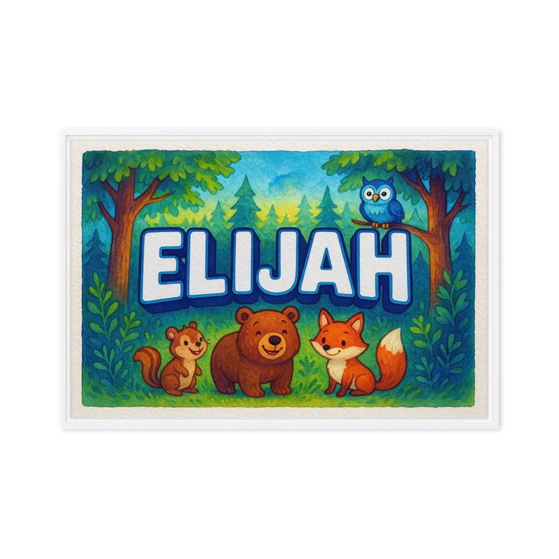 Elijah Name Art - Forest Friends personalized wall print for kids