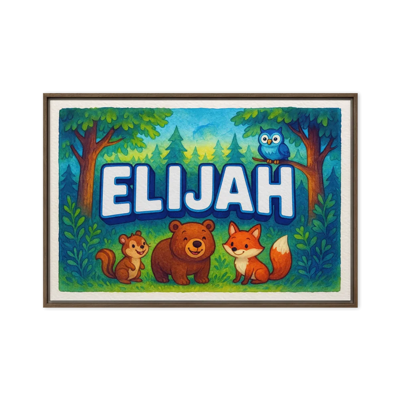 Elijah Name Art - Forest Friends personalized wall print for kids