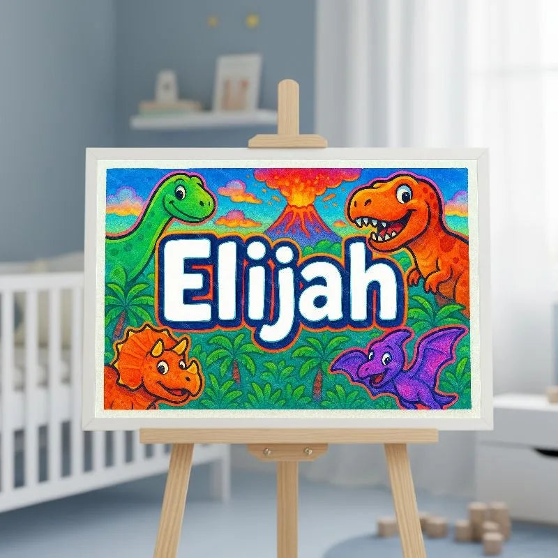 Elijah Name Art - Dinosaur Adventure personalized wall print for kids