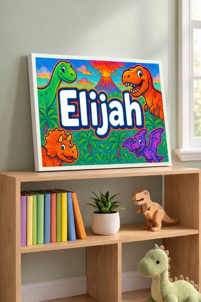 Elijah Name Art - Dinosaur Adventure personalized wall print for kids
